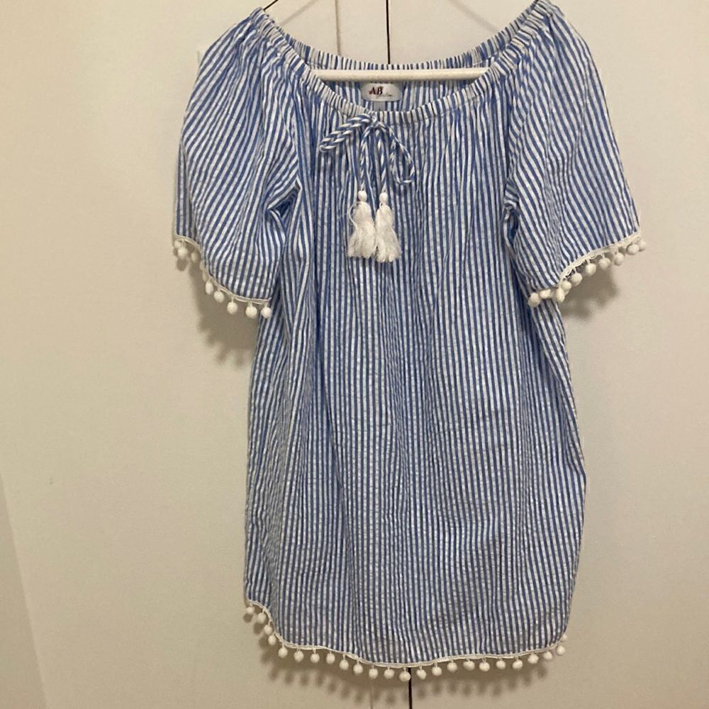 A & B Girls Striped Dress/ Coverup in Blue/White with PomPom Trim. Size L 12-14.